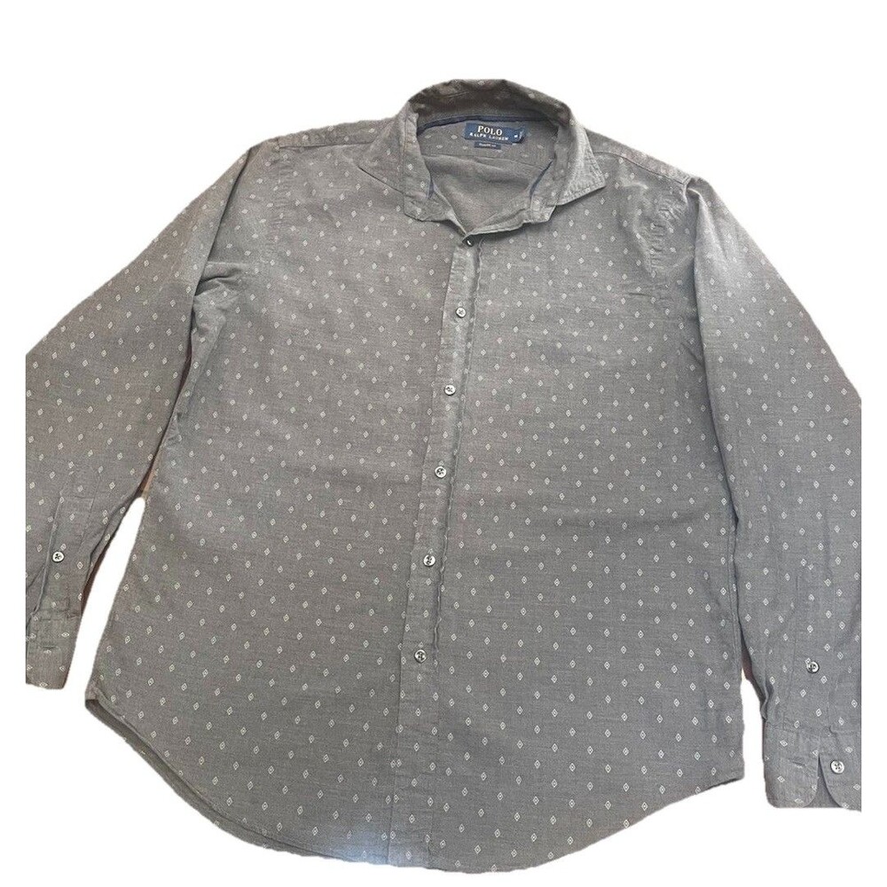 Polo Ralph Lauren Shirt Mens M Medium Gray Geometric Diamond Print Long Sleeve